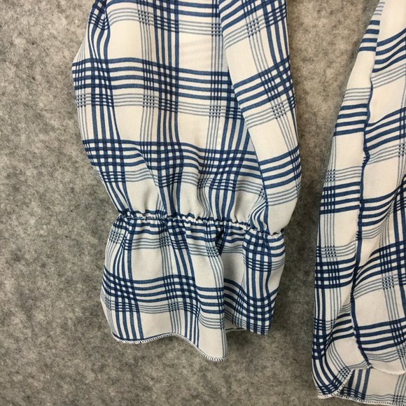 Ashley Stewart Top 22 24 3X Blouse Tie Front Plaid Blue Boho V Neck Ruffle Cuff - Picture 3 of 10